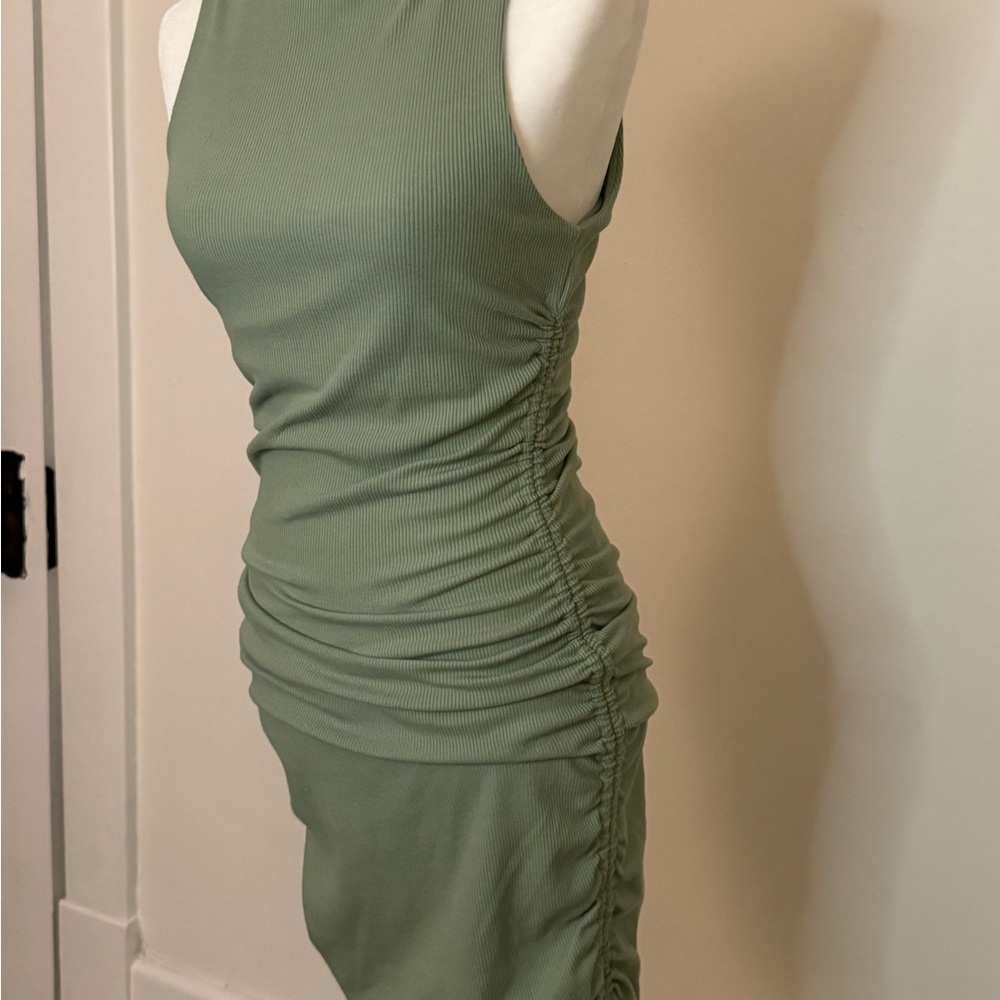Lulu’s  Sage Green Ribbed Drawstring Ruched Bodycon Dress - Picture 2 of 6